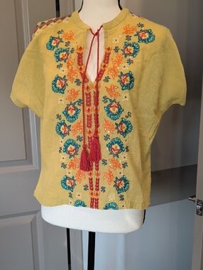 NATURAL LIFE Yellow Embroidered Peasant Blouse with Coral Tassels